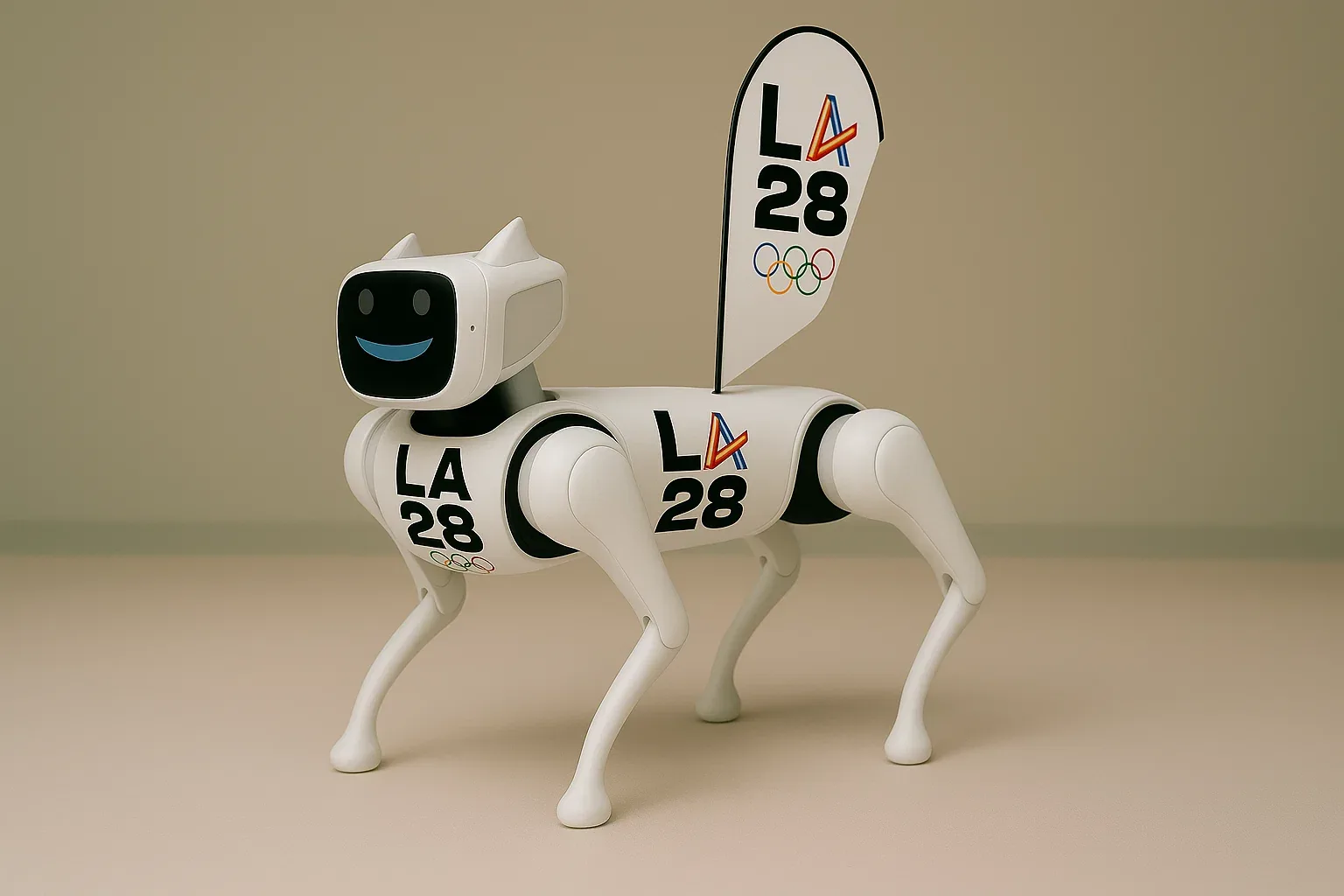LA 2028 Olympics mascot concept — robotic dog with flag