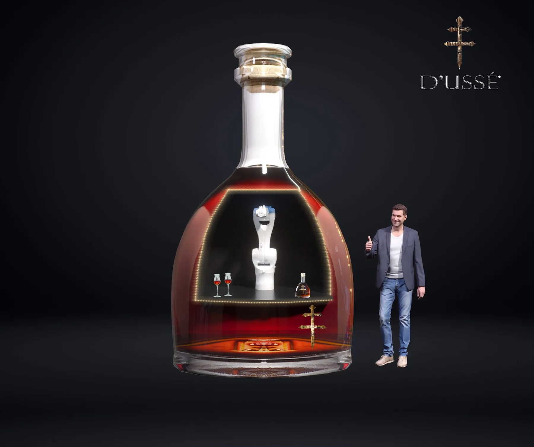 D'USSÉ luxury cognac bottle robotic display — beverage brand concept