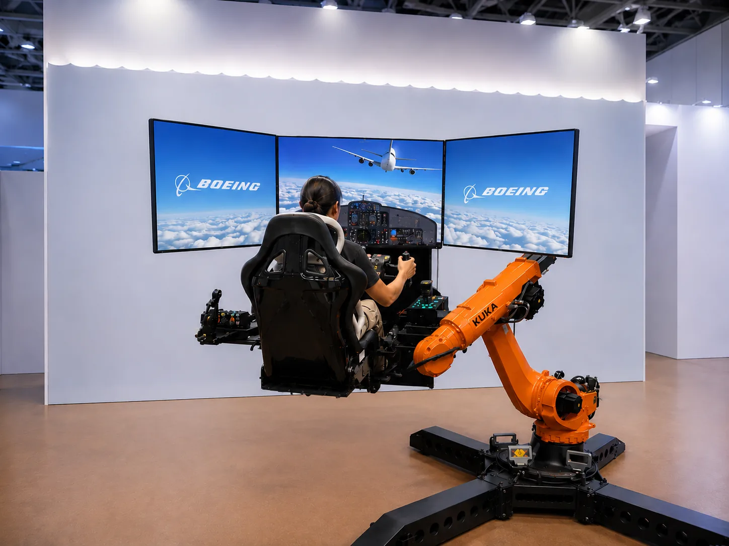 an aerospace company flight simulator with robotic arm motion base — experiential event concept
