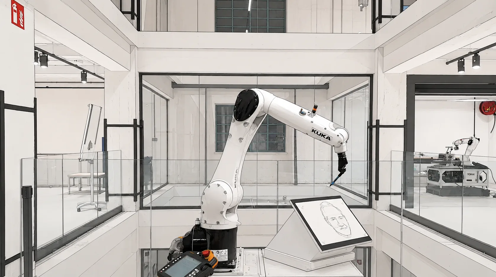 an automotive brand matrix-themed robot arm with branded LED cube display