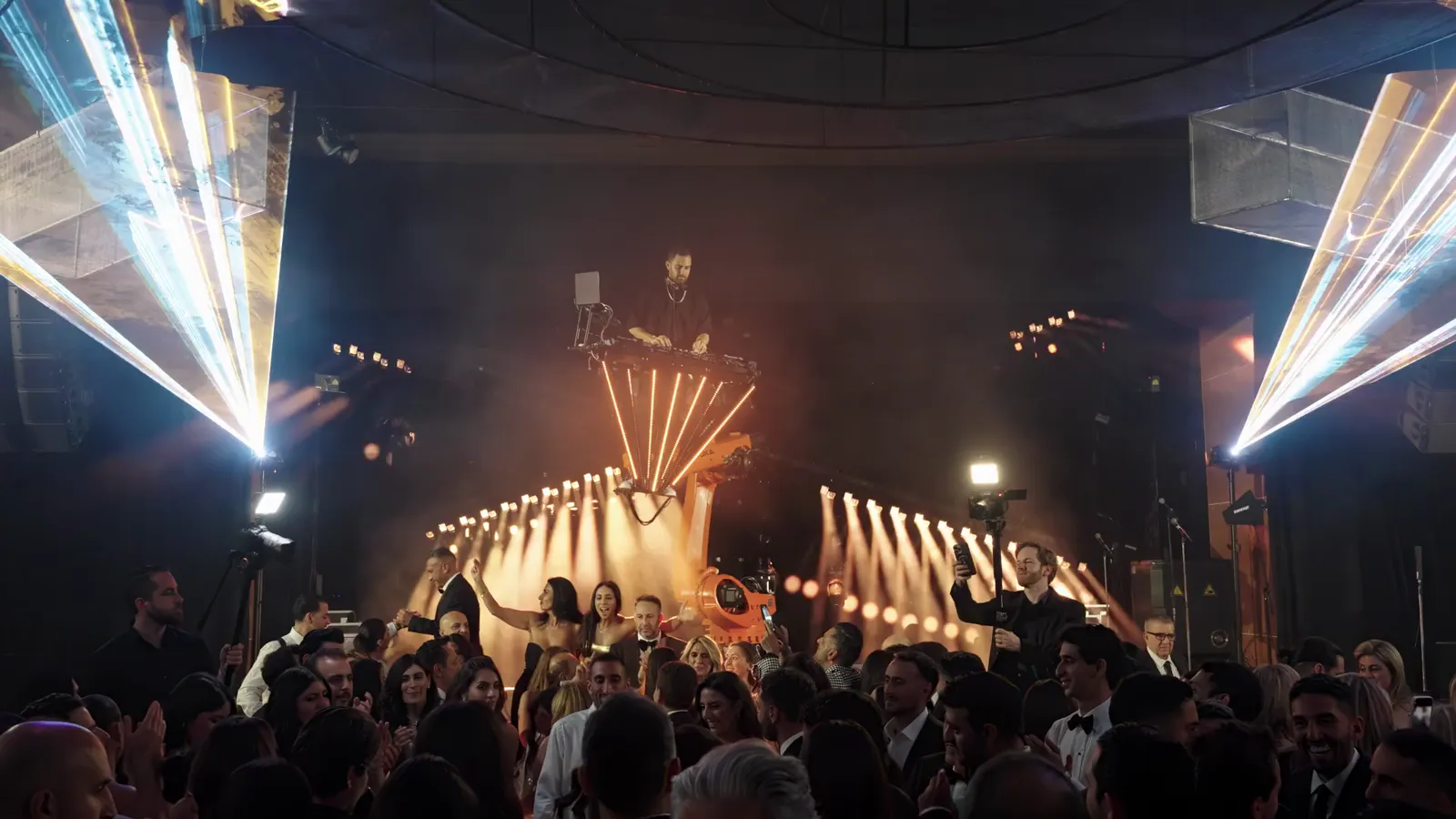 SkyNova robotic DJ booth lifting a performer above the floor