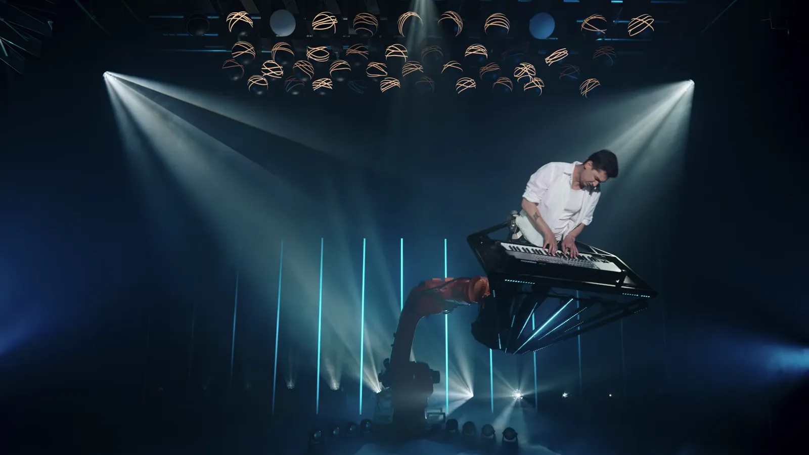 SkyNova robotic DJ booth lifting a performer above the floor